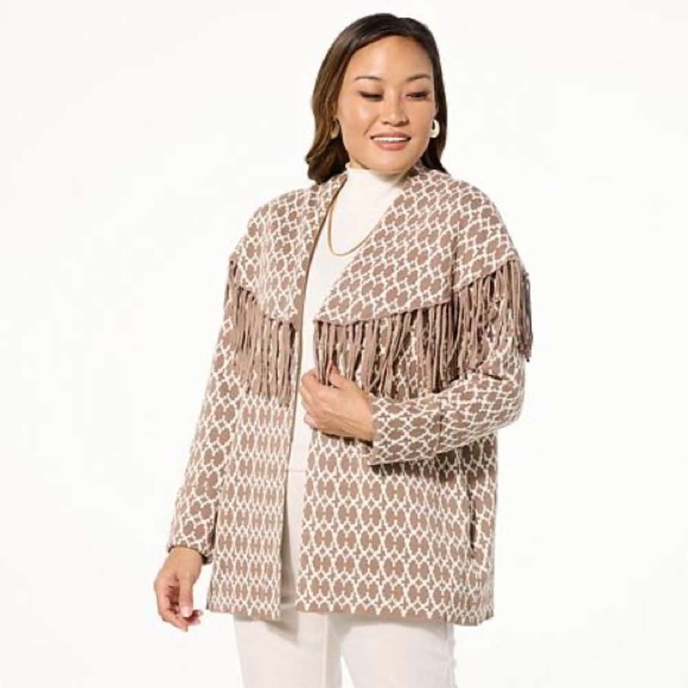 Fringed Open-Front Cardigan in Brown & Cream